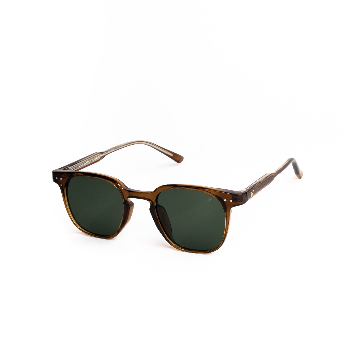 Brown sunglasses with dark lenses on a white background