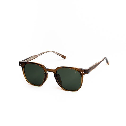 Brown sunglasses with dark lenses on a white background